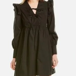 Stellah Ruffled Shoulder 100% Cotton Mini Dress - Black, Size S